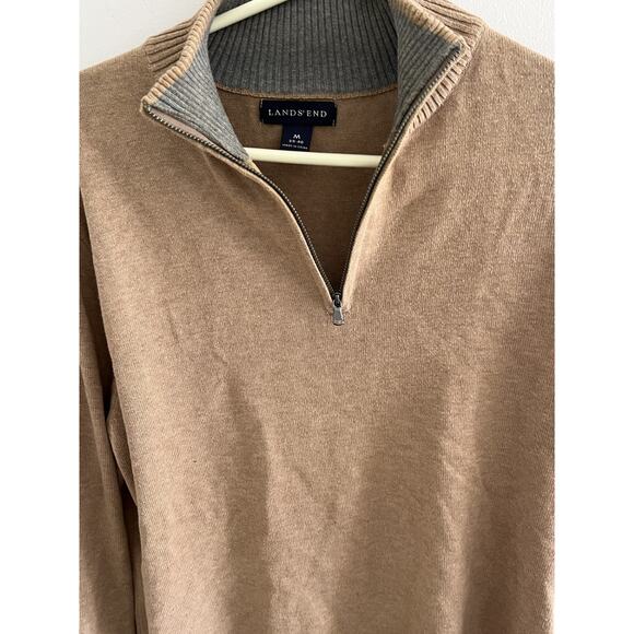 Lands End Men M Pullover Ribbed Knit Sweater 1/4 Zipper Tan Preppy - Picture 3 of 7